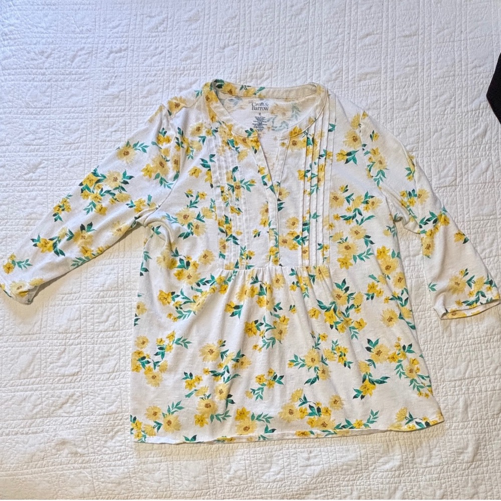 Croft & Barrow Floral Top Womens XL Cotton White Yellow 3/4 Sleeve Pintuck